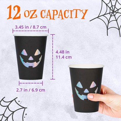 Confettiville Halloween Disposable Paper Party Cups, Bulk 50 Pack, Leak-Resistant, 12 oz Hot and Cold Cups for Restaurants and Parties, Jack-O-Lantern, Black & Silver