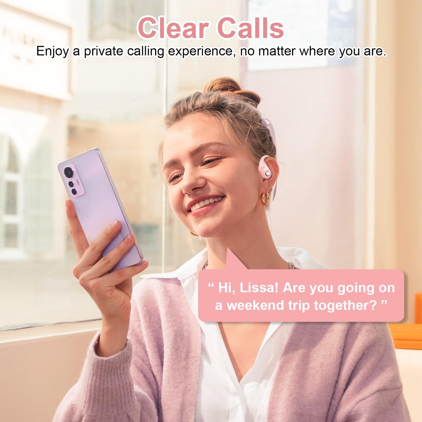 2B2C Open Ear Earbuds, Bluetooth 5.3 Wireless Air Conduction Headphones with Mic, LED Display Charging Case&Fast Charging, Ultra-Light Weight, 80H Playtime Earbuds for Work, Sports (Pink)