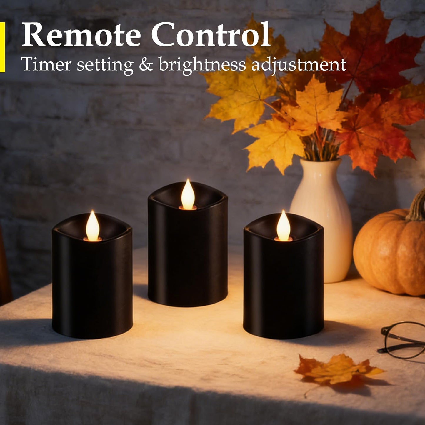 Woocodowe Black Pillar Flameless Candles - 3D Flickering, Remote Timer, Battery Operated, 600+ Hours, Halloween & Gothic Themed Decor (Black, 3"*4"-3pcs)