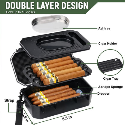 Bald Eagle Travel Cigar Case, Humidor Box with Ash Tray, Portable Case with Humidifier Hygrometer, Highly Airtight, Hold 10 Cigars