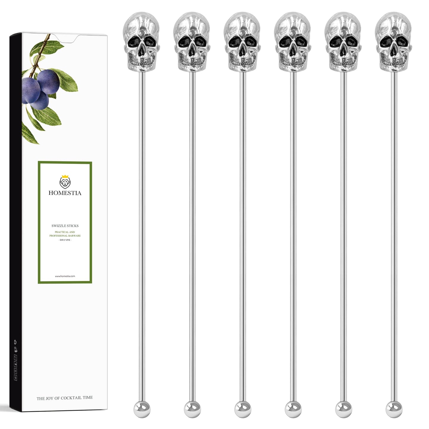 Homestia Skull Swizzle Sticks, 6-Pack 7.5 Inch Stainless Steel Reusable Cocktail Stirrers with Skull Head for Halloween Party Drink Mixer Bar Tools - Dishwasher Safe, Silver