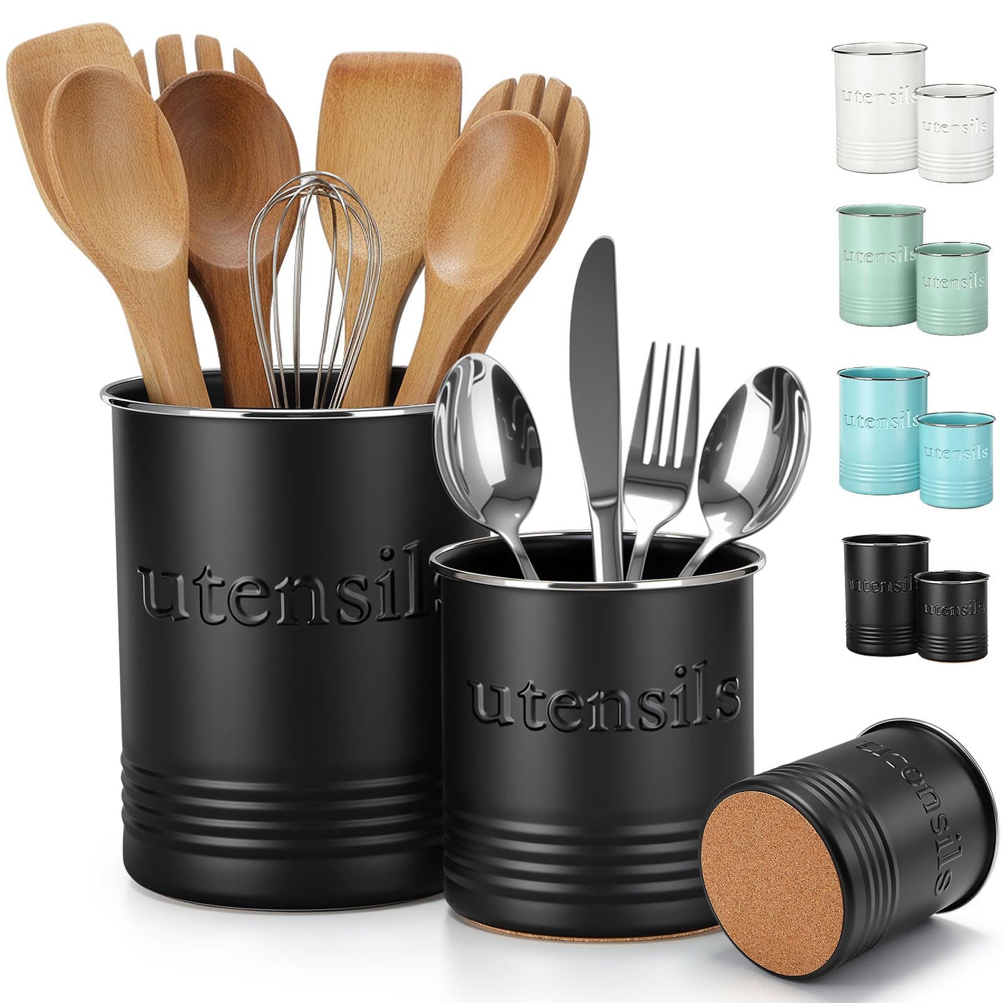 FoldTier 2 Pack Kitchen Utensil Holder for Counter 6.7"+4.7" Farmhouse Cooking Utensil Crock with Cork Bottom Modern Farmhouse Decors Countertop Storage Organizer Caddy Housewarming Gift(Black)