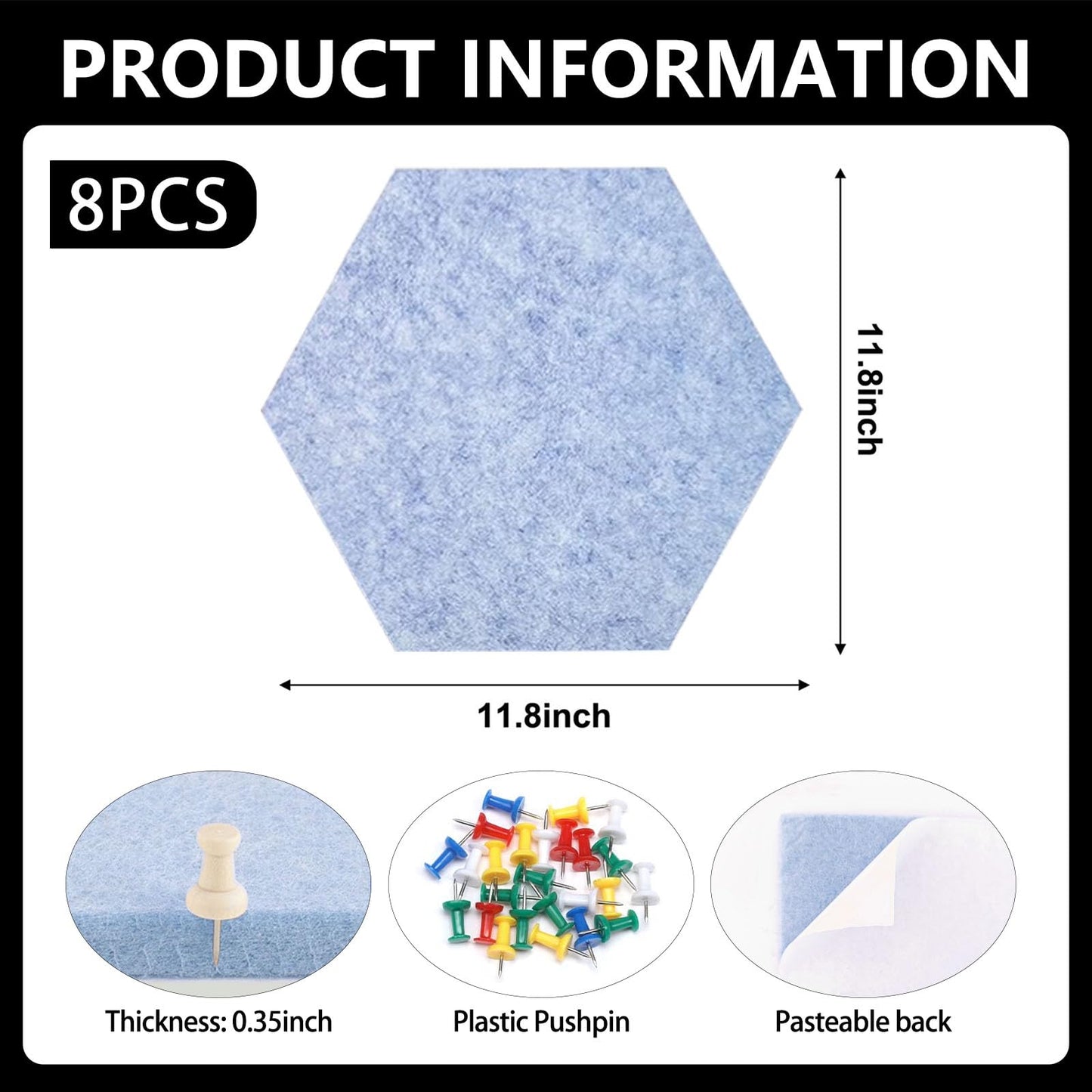 8 Packs Light Blue Hexagon Felt Pin Board, 12" Bulletin Board with 30 Push Pins, Felt Board for Home Kitchen Office Decor, Self-Adhesive Corkboard Tiles for Walls Message Photos Memos Display