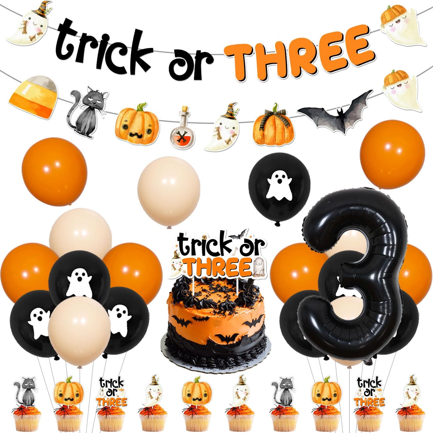 Halloween 3rd Birthday Decoraions Trick or THREE Banner Garland Halloween 3rd Birthday Cake Topper Cupcake Toppers Balloons for Girls Boys Third Bday Party Supplies