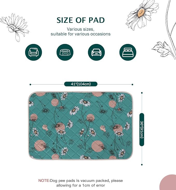 IEUUMLER Washable Pee Pads for Dogs, 2 Pack Non-Slip & Waterproof Pack Whelping Pad, Reusable Washable Puppy Potty Training Pad with Fast Absorbent for Playpen EU007 (Teal Daisy, 36"X41"-2pcs)