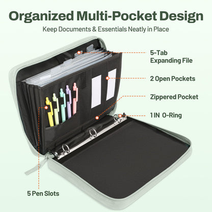 SUNEE Zipper Binder 1 Inch, Removable 3-Ring Binder, 175-Sheet Capacity, 5-Tab Dividers Expanding File Folder, Small Binder Bag Organizer Storage for Student, Sage Green