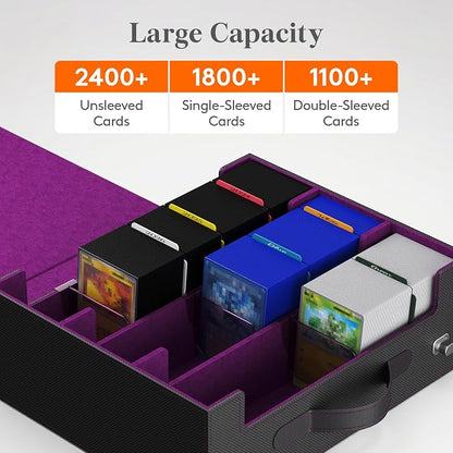 Lifewit Trading Card Storage Box with Handle, Holds Up to 1800 Sleeved Cards with 12 Adujstable Dividers & 4 Stoppers, Aluminum Closure PU Leather Case for MTG, PTCG, YGO, Sports Cards, Black& Purple