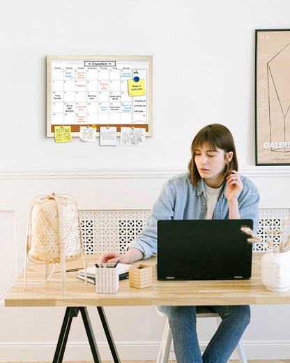 Dry Erase Calendar Whiteboard for Wall, Small Combination Magnetic Dry Erase White Board & Bulletin Board, 13" x 17"，White Frame Calendar/Cork Combo Board(WH-3343)