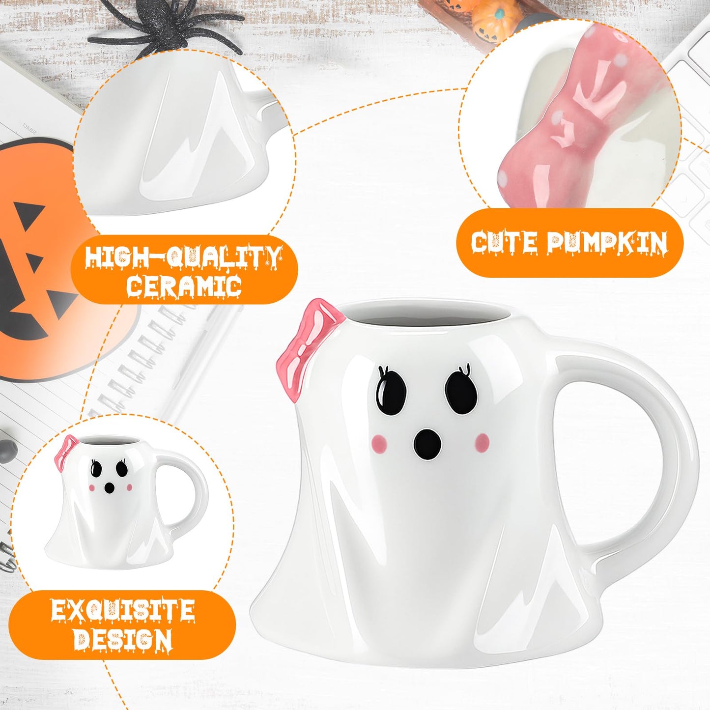 Baderke 2 Pcs 12 oz Halloween Ghost Mugs Spooky Mr and Mrs Coffee Cups Boo Ceramic Gifts for Couple Him Her Bachelorette Wedding Party Favors