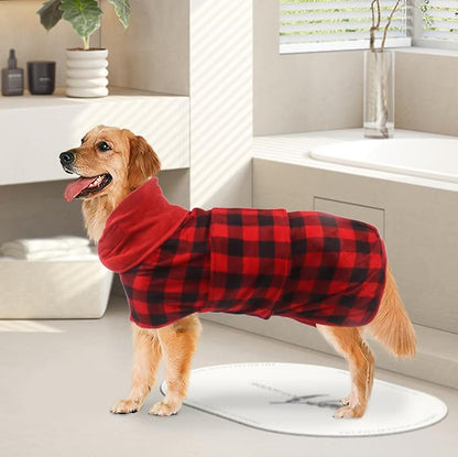 Geyecete Dog Drying Coat - Fast Drying Dog Bath Robe Towel - Microfibre Super Absorbent, Luxuriously Soft Red Black Grid - XXL