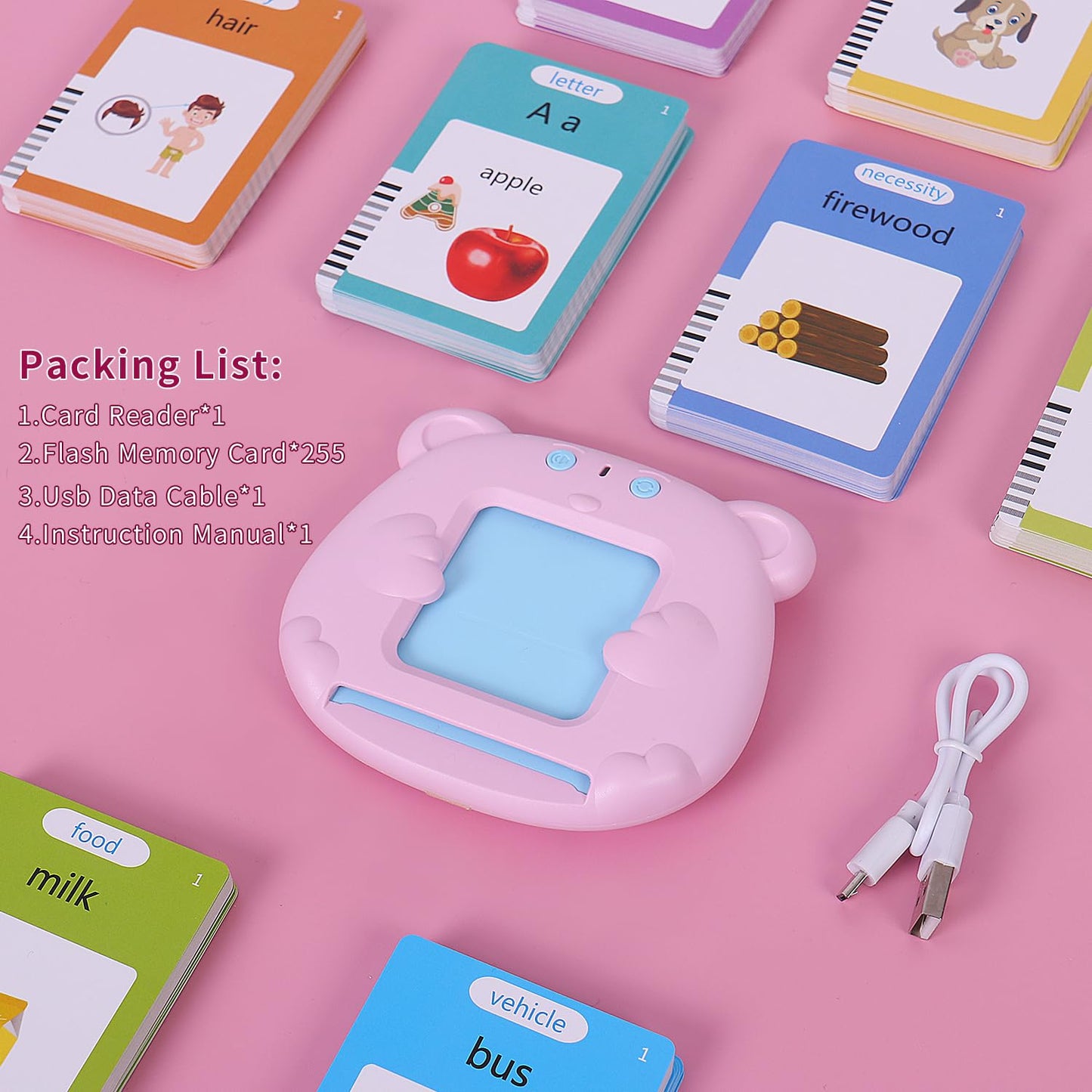 Talking Flash Cards for Toddler 1 2 3 4 5, Pocket Speec, Talking Learning Flash Cards Educational Toys Sensory Toys Gift for Boys and Girls (510 Sight Words-Bear Pink)