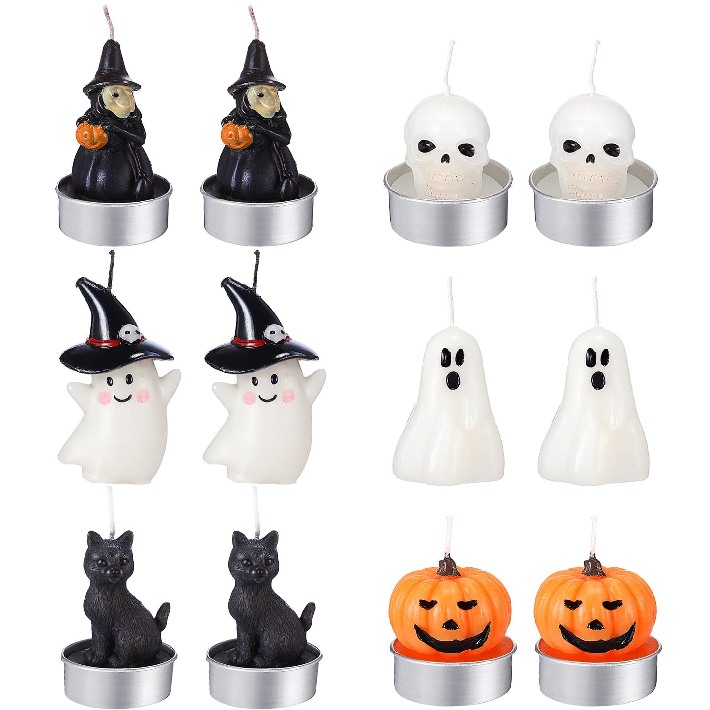 Rossesay 12 PCS Halloween Decoration Ghost Candles Pumpkin Skeleton Cat Witch Cute Mini Candles White Soy Wax Horror Tea Lights Spooky Set for Autumn Halloween Party Home Decorations