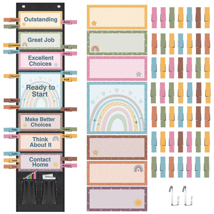 Pasimy 59 Pcs Student Behavior Clip Chart for Classroom Management Kids Track Reward Incentive Behavior Pocket Chart Boho Bulletin Board Teacher Supplies for School Office(Classic)