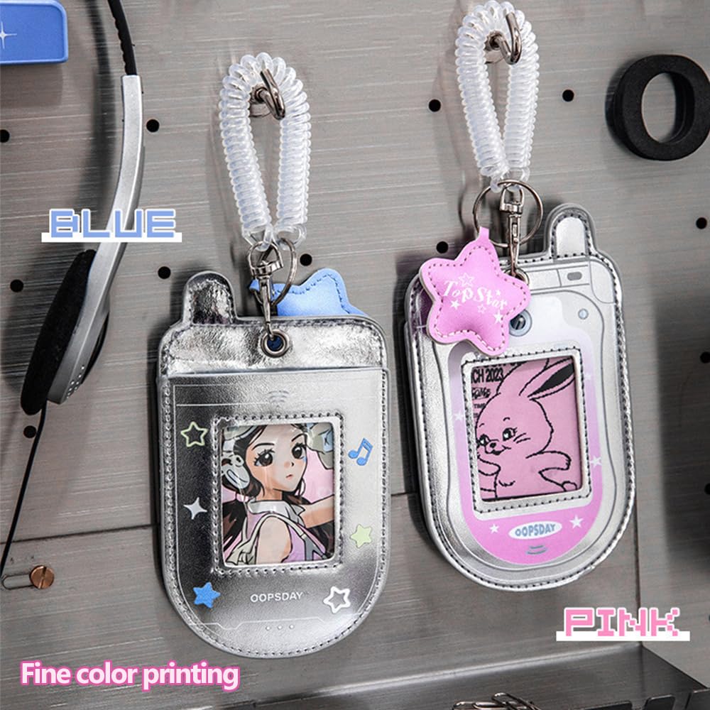 2Pcs Star Cute Kpop Photocard Holder Keychain Mobile Phone Shape Pu Leather Photo Card Holder Keychain Pink Blue Kawaii Flip Phone Shape Pc Holder Kpop Korean Star Pendant School Stationery Gifts