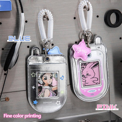 2Pcs Star Cute Kpop Photocard Holder Keychain Mobile Phone Shape Pu Leather Photo Card Holder Keychain Pink Blue Kawaii Flip Phone Shape Pc Holder Kpop Korean Star Pendant School Stationery Gifts