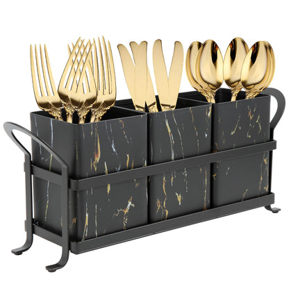 NelyBet Kitchen Utensil holder for Countertop, Silverware Caddy,Golden Marble Black Flatware Holder Utensil Cutlery Organizer for Party Gatherings, Metal and Durable Design