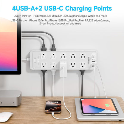 Flat Plug Power Strip Surge Protector with 20 AC Outlets 6 USB Chagring Ports, 1875W/15A, 2700J, Heavy Duty Extension Cord 6 Ft for Home, Office, Dorm, Gaming,ETL Listed (White, 6FT)