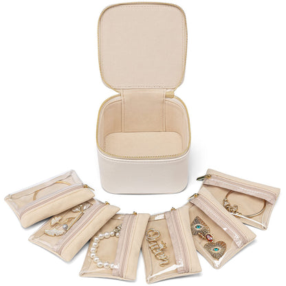VLANDO Travel Jewelry Case,Valentines Gifts,Small Jewelry Box Organizer,Travel Jewelry Storage with 6 Velvet Jewelry Zipper Pockets, Birthday Gifts for Women Girls (White)