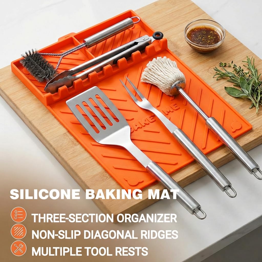 CAKETIME Silicone Grill Mats for Blackstone Griddle Accessories Baking Cooking Kitchen BBQ Must Haves Countertop Weber Traeger Stove Outdoor Camping Lawn Orange Father Dad Chef Men Gifts