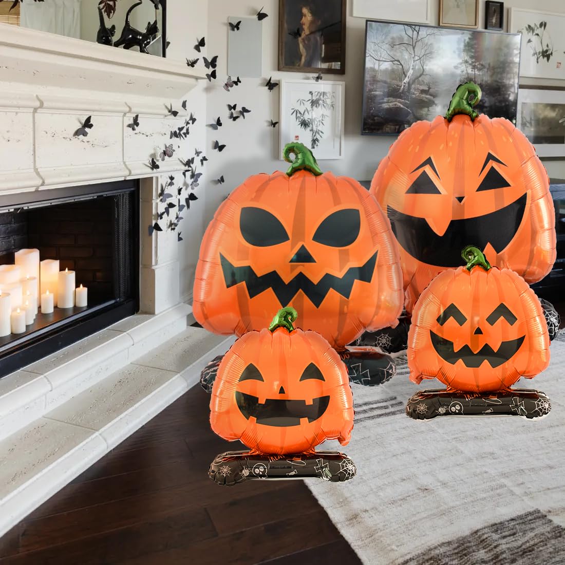 Eanjia Halloween Pumpkin Balloon Set of 4 – Giant Standing Jack-O’-Lantern Mylar Foil Balloons (3.3ft to 1.6ft) for Indoor Party Decorations, Summerween Decor, Trick or Treat Props