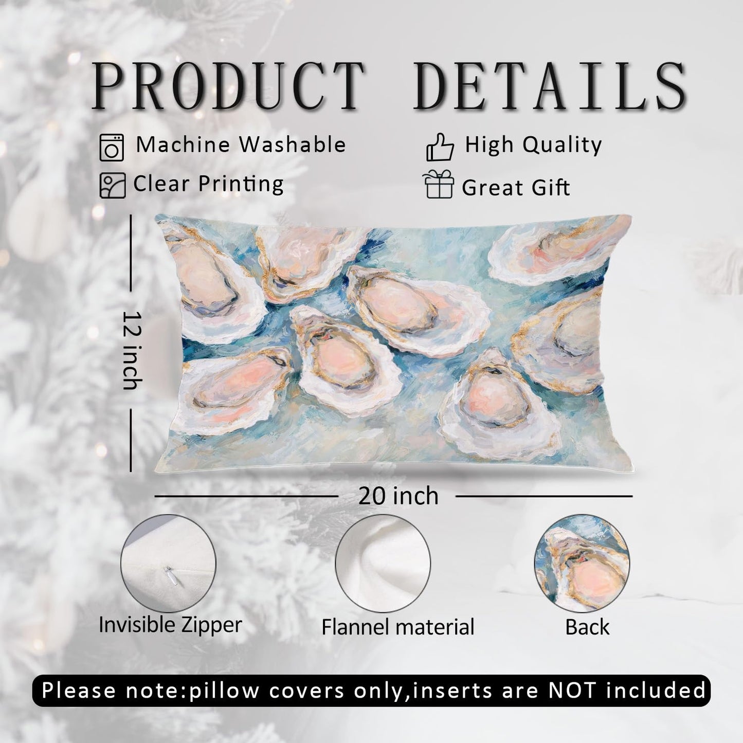 JOQUXI Pastel Blue Oyster Pillow Covers 12x20, Preppy Beach Room Decor, Coastal Ocean Beachy Aesthetic Seashell Lumbar Throw Pillow Covers for Girls Dorm Apartment Bedroom, Set of 2