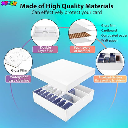 Trading Card Storage Box, 4 Row 3200 Count Collector Cards Box with Divider, White Corrugated Cardboard Compatible with Top Loader Organizer Sorting Tray Box for Sports Cards, MTG, TCG Cards (3-Pack)