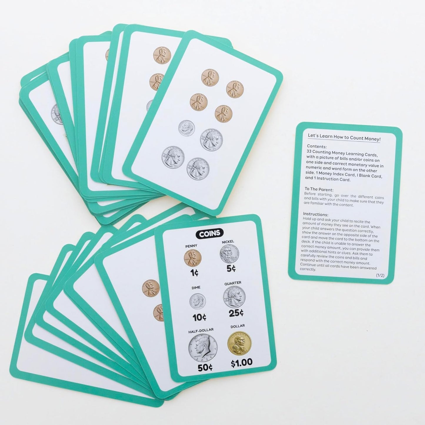 Addition and Subtraction Flash Cards Set for Parents, Educators, Self Study Math Learning Educational Cards - 35 Cards + 1 Instruction Card per Set - 2 Sets (Time & Money)