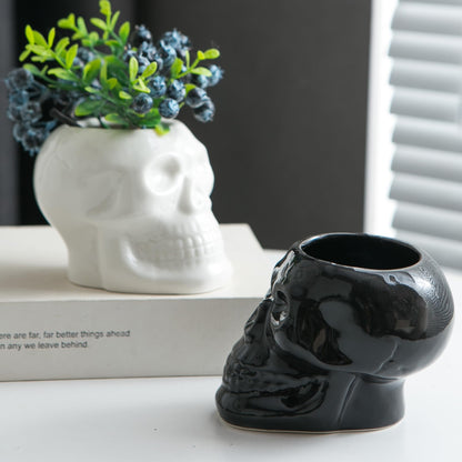 Tanvecle 2 Pcs Skull Planter Pots, Skeleton Vase/Bowl for Flowers, Succulent, Cactus and Candy, for Gothic Home Office Desk, Halloween and Day of The Dead Decorations - White and Black