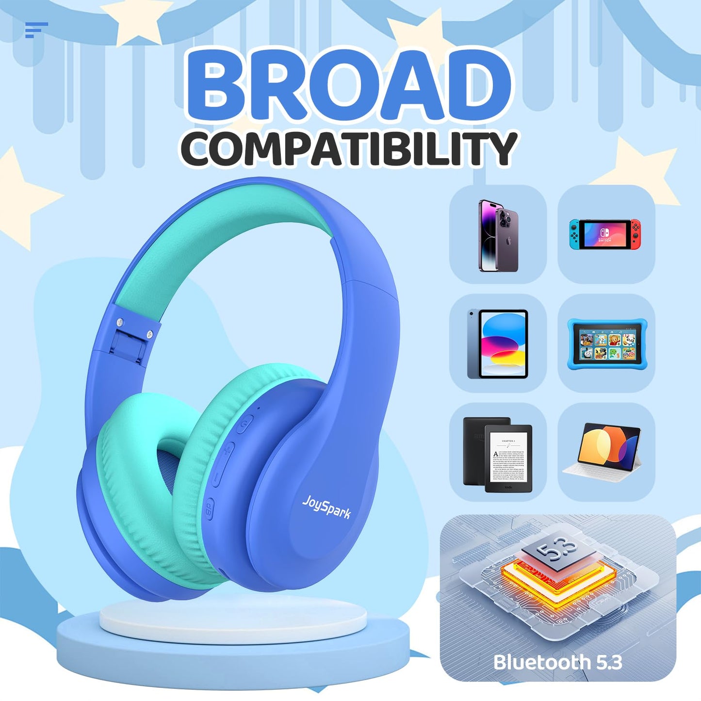 JoySpark Kids Bluetooth Headphones, Lightweight Wireless Headphones for Kids, 85/94dB Volume Limited, 60 Hours Playtime, Bluetooth 5.3, Over-Ear Toddler Headsets with Built-in Mic-Blue