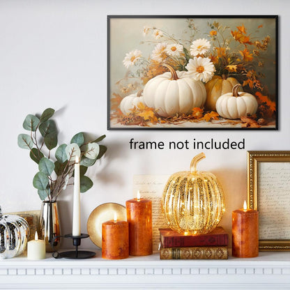 Farmhouse Autumn Pumpkin Canvas Wall Art, White Orange Pumpkins Still Life Painting Pictures, Rustic Farm Fall Daisy Flower Posters, Halloween Thanksgiving Autumn Wall Print Decor 16x24in Unframed