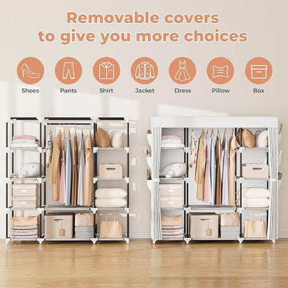VTRIN Portable Closet Wardrobe for Hanging Clothes 57.3 Inch Large Capacity Clothes Rack with Cover, 10 Storage Organizer Shelves, 1 Hanging Rods and 6 Pockets, Free Standing Closet, White
