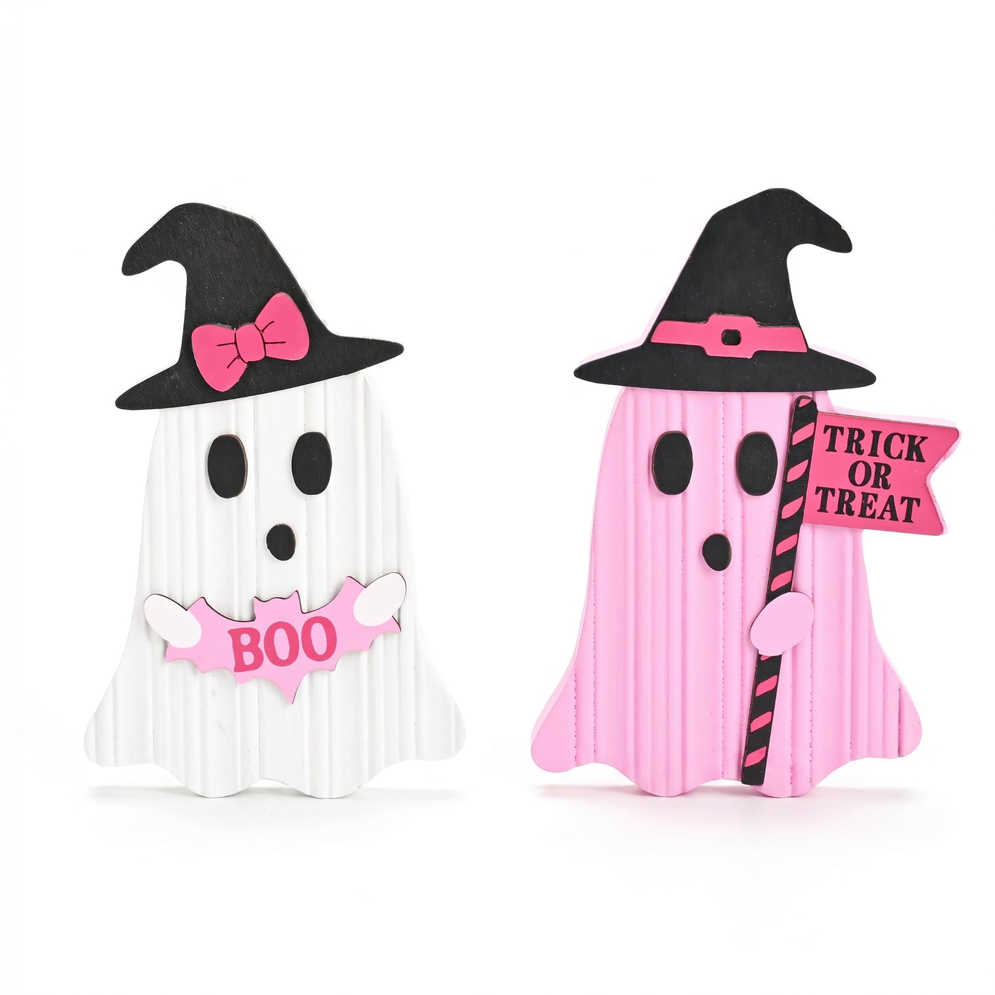 Valery Madelyn Pink Halloween Decorations, Set of 2 Cute Halloween Ghost Decor, Witch Hat Boo & Trick or Treat Wooden Tabletop Signs for Home, Shelf, Tiered Tray Party Display, 5 Inch
