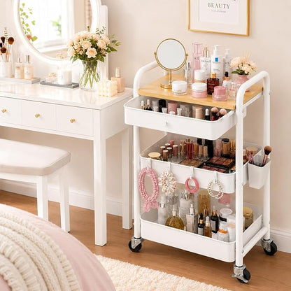 3 Tier Metal Rolling Cart with Drawers, Makeup Organizer Cart with Wheels for Skin Care/Lash/Hair Product/Perfume, Esthetician Pedicure Carts for Nail Techs, Vanity, Bathroom,Craft Storage Carts,White