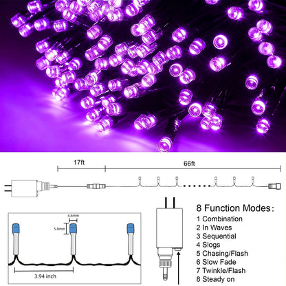HOME LIGHTING 66ft Halloween Decorative Mini Lights, 200 LED Green Wire Fairy Starry String Lights Plug in, 8 Lighting Modes, for Indoor Outdoor Xmas Tree Wedding Party Decoration (Purple)