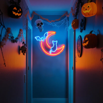 Halloween Neon Sign Wall Decor - Moon&Bat&Cat Themed Halloween LED Lights for Decorating Rooms, Windows, Doors,Party,Bright Beautiful Indoor Home Hanging Art USB Powered