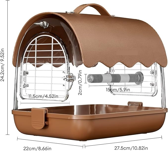 Parakeet Cage,Accessories, Bird Carrier Backpack with Perch, Transparent Travel Cage Bag with Shade Cover Visible Window for Parrots Budgie Small Birds(Brown)