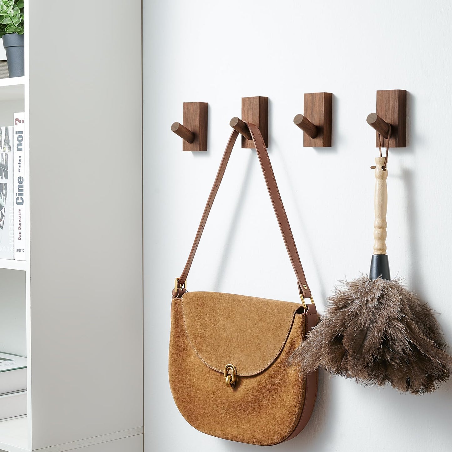 Felidio Natural Wooden Wall Hooks, Adhesive & Screw Mount Coat and Towel Hooks - Decorative Key Holder, Hat Rack, Stocking Wall Hangers for Bathroom Entryway Closet - 4 Pack, Walnut Wood