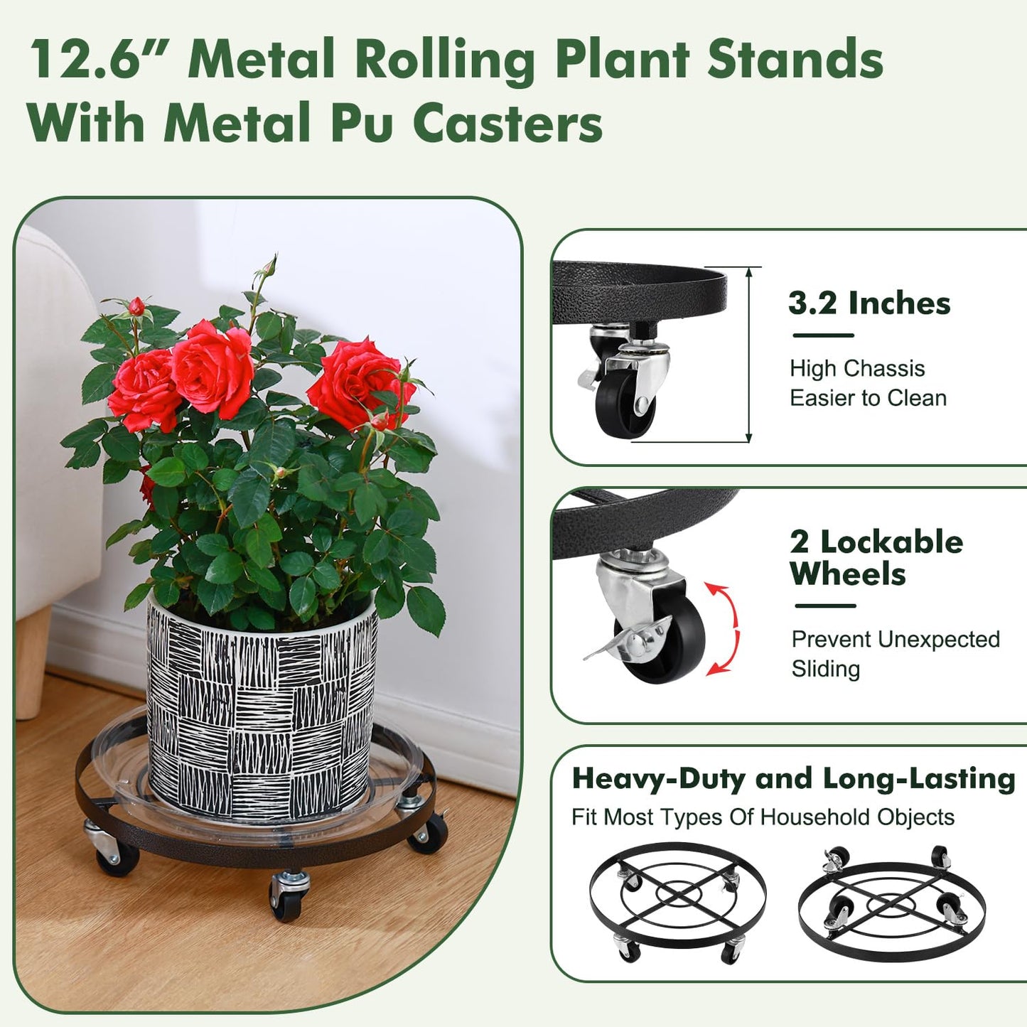 3 Packs Large Metal Plant Caddy 12.6” Plant Dolly with Wheels Heavy-duty Wrought Iron Rolling Wheeled Plant Stand with Casters for Indoor and Outdoor Plant Pot Rollers, 12" Clear Plant Saucers Included