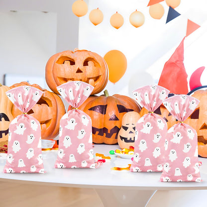 120 PCS Halloween Ghost Cellophane Treat Bags Halloween Pink Plastic Candy Bags Trick or Treat Ghosts Goodie Gift Bag with Twist Ties for Snacks Candy Packing Party Favor Goodies Wrapping Supplies