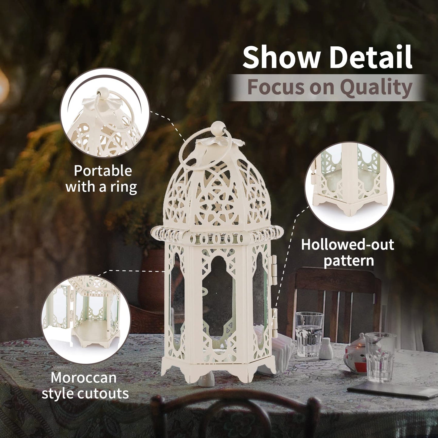NUPTIO 2 Pcs Moroccan Style Candle Lantern - Small Sized Tealight Candle Holder with Transparent Glass Panels Great for Patio, Indoors/Outdoors, Events, Parties and Weddings, White
