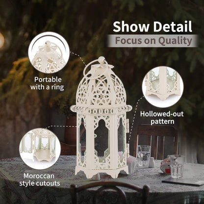 NUPTIO 2 Pcs Moroccan Style Candle Lantern - Small Sized Tealight Candle Holder with Transparent Glass Panels Great for Patio, Indoors/Outdoors, Events, Parties and Weddings, White