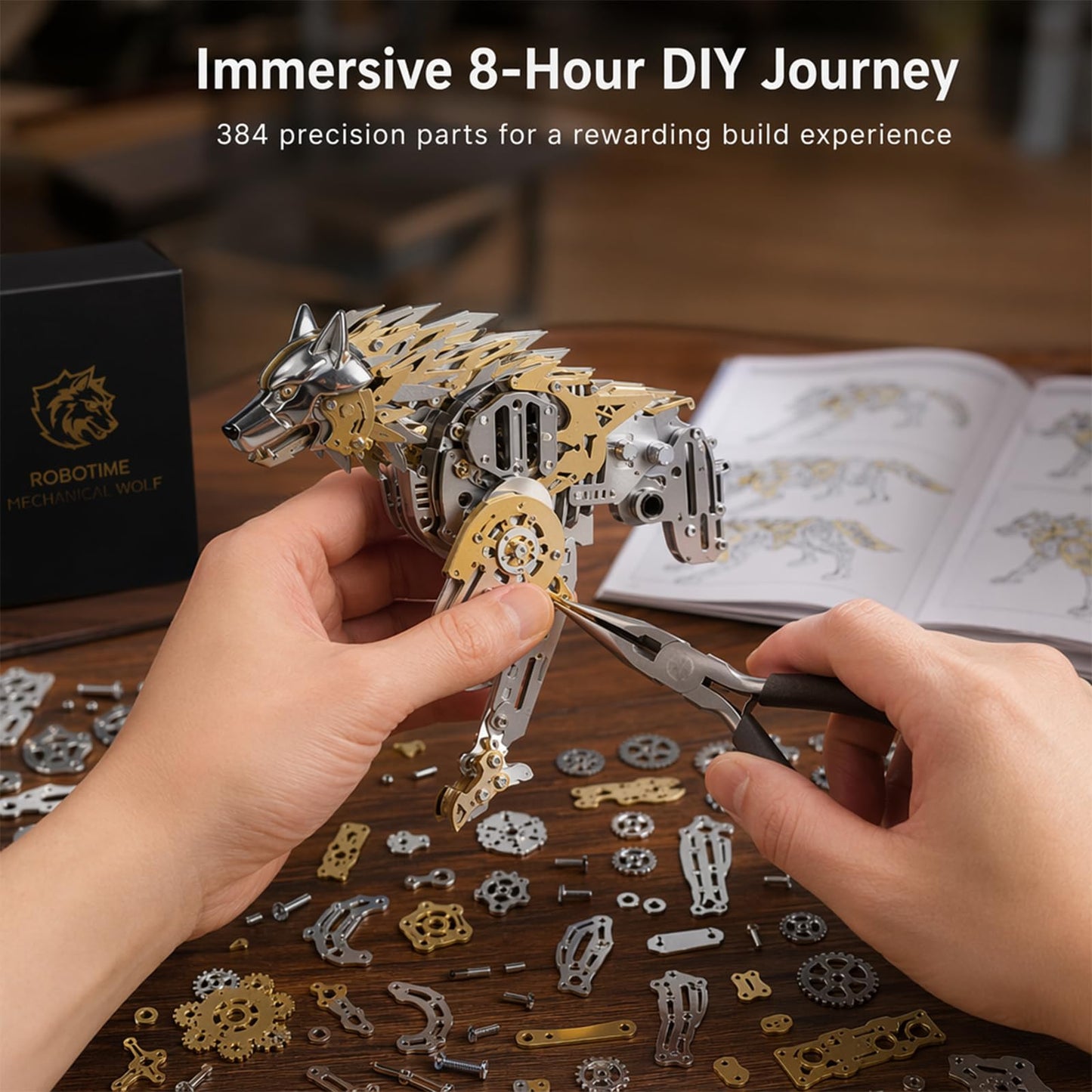 3D Metal Puzzle for Adults,Mechanical Wolf Puzzle Building Set，3D Metal Model Kit, Brain Teaser Puzzles DIY Assembling for Stress Relief - A Collectible Gift for a man (Wolf)