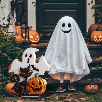 Junkin Halloween Metal Yard Stakes Ghost Black Cat Pumpkin Yard Signs Outdoor Spooky Decorative Garden Stakes Patio Lawn Walkway Backyard Porch Decorations for Scary Halloween Trick or Treat Party