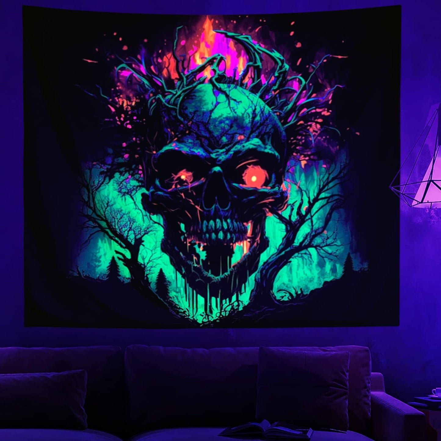 SparkLia Blacklight Fire Skull Tapestry, UV Reactive Burning Skeleton Horror Wall Hanging, Glow in the Dark Scary Dark Forest Surreal Artwork Wall Tapestries Halloween Decor for Bedroom, Living Room - 51.2" x 59.1"