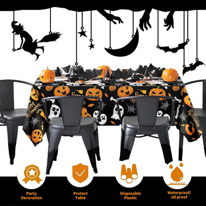 Pyrrhiax 4 Pcs 54 x 108 Inch Halloween Pumpkin Ghost Tablecloth, Rectangular Plastic Spider Web Table Cloth Large Size Halloween Table Covers for Home Decor Party Decorations