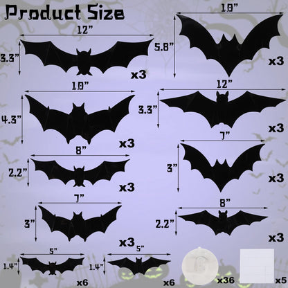 DR.DUDU 36 Pack Halloween Bats Wall Decor 3D Bat Stickers