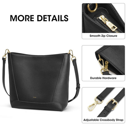 Kattee Leather Purses and Handbags Trendy, Bucket Bags for Women, Top Grain Leather Hobo Tote Shoulder Crossbody Bag with 2 Straps, Black