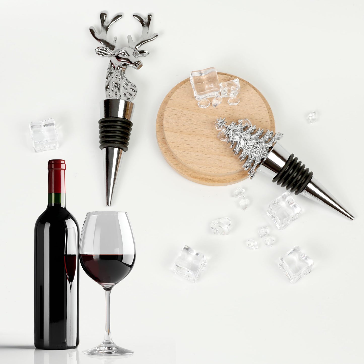 2Pack Christmas Wine Stopper, Elk & Christmas Tree Shape Decorative Wine Bottle Stopper, Food-Grade Silicone & Zinc Alloy Airtight Wine Cork for Wine Champagne, Xmas Party Home Bar Holiday Gift Silver
