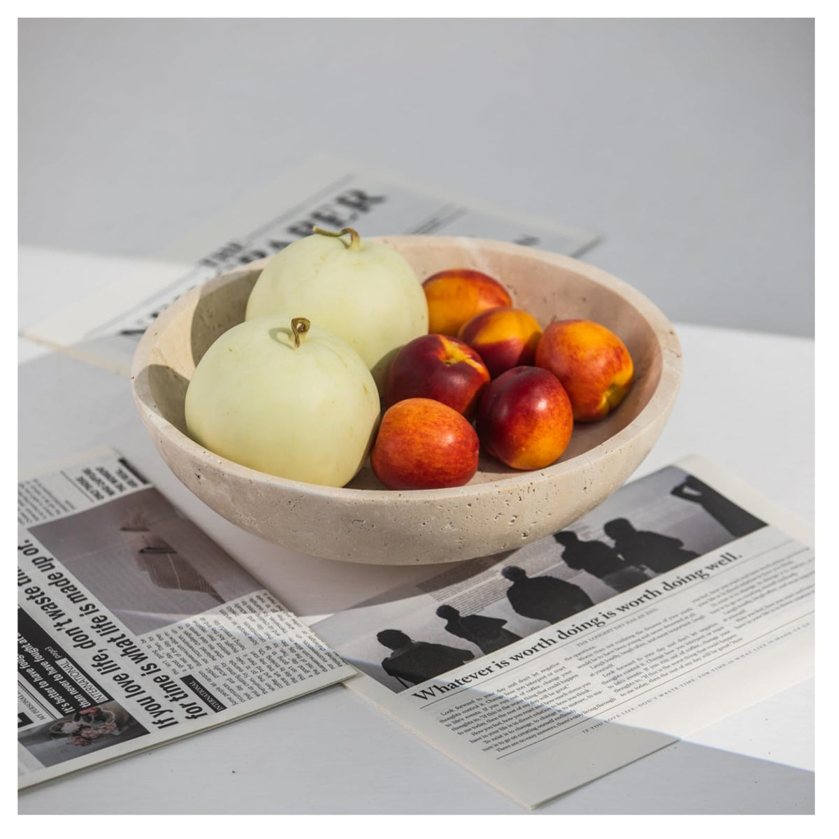 Natural Travertine Fruit Bowl for Kitchen Counter11.8",Large Decorative Bowl & Travertine Bowl Pedestalfor Kitchen Counter & Dining Table ,For Entryway, KitchenFruit Bowl, Dining Table Centerpiece.