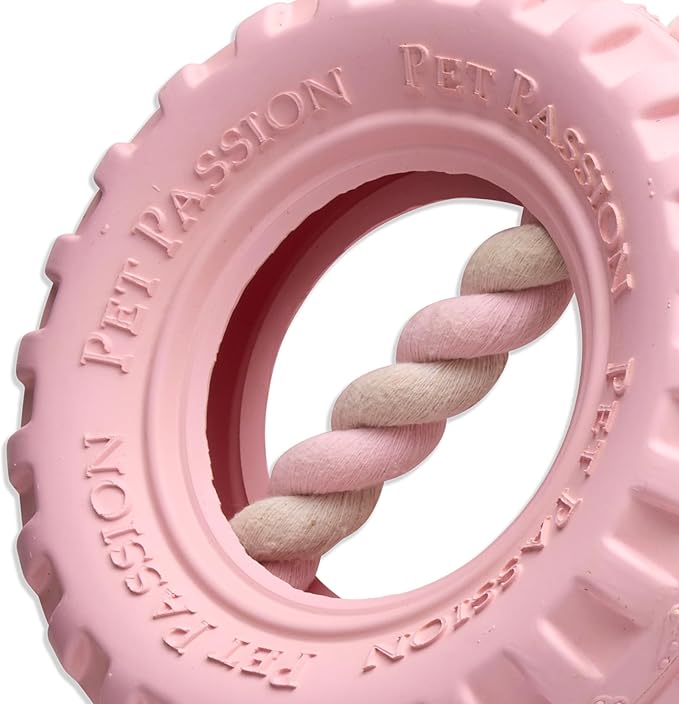 Pet Passion Natural Rubber Tire and Organic Cotton Rope Pull and Chew Dog Toy for All Pet Breeds, Blush, Small